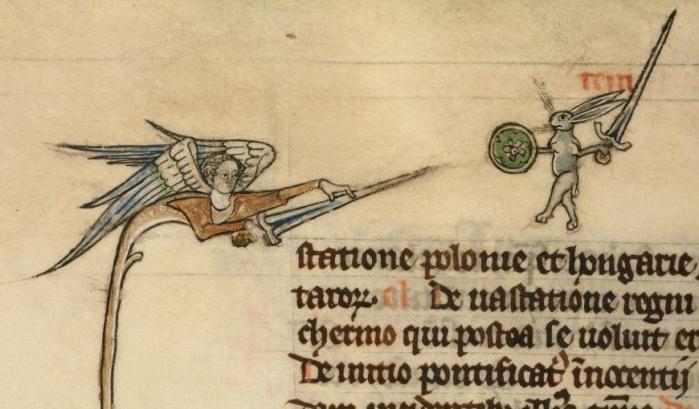 Hase gegen Engel. Vincent of Beauvais, Speculum historiale, France ca. 1294-1297 (Boulogne-sur-Mer, Bibliothèque municipale, ms. 130II, fol. 319v) 