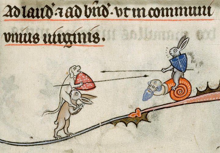 Kämpfende Hasen, kämpfende Hunde, kämpfende Schnecken? British Library, Yates Thompson 8, fol. 294r (Breviary of Renaud de Bar, Metz 1302-1303)