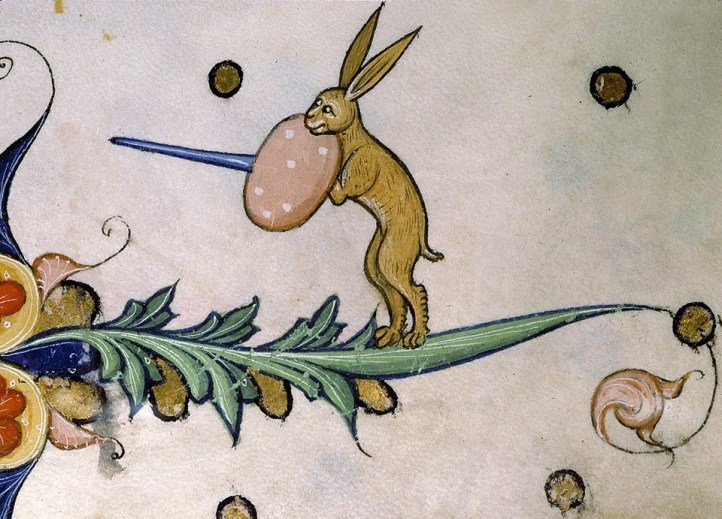 Aggressiver Hase. Pontifical of Guillaume Durand, Avignon, before 1390 (Paris, Bibliothèque Sainte-Geneviève, ms. 143, fol. 52r)