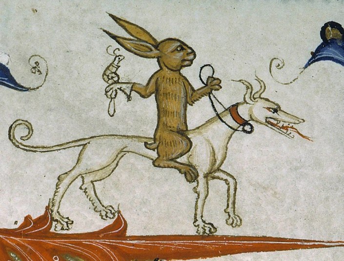 Hase-Ritter, Hund-Pferd, Schnecke-Falke :) Pontifical of Guillaume Durand, Avignon, before 1390 (Paris, Bibliothèque Sainte-Geneviève, ms. 143, fol. 165r)