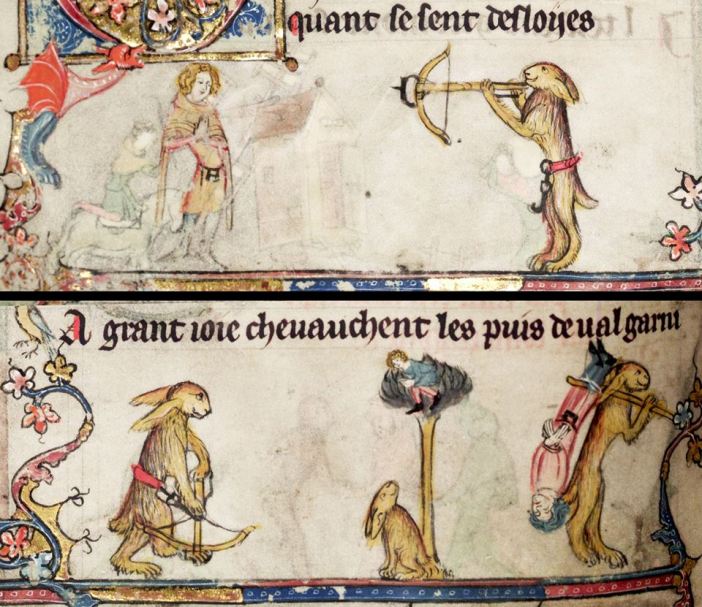 Jagd mit der Armbrust. Roman d’Alexandre, Tournai ca. 1338-1344 (Bodleian Library, MS. Bodl. 264, fol. 94v)