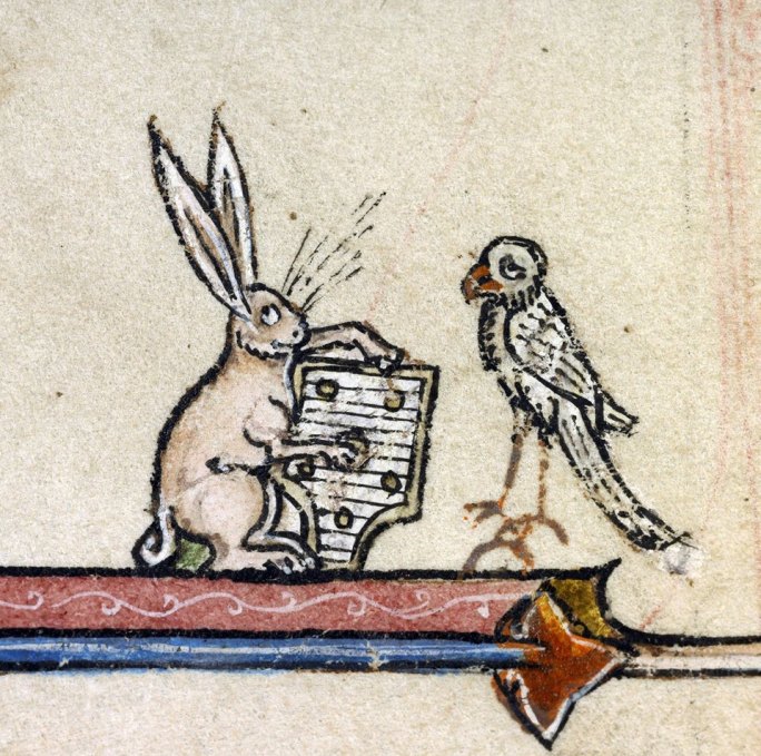 Musikalischer Hase 6 + Sänger. Vincent of Beauvais, Speculum historiale, France ca. 1294-1297 (Boulogne-sur-Mer, Bibliothèque municipale, ms. 130I, fol. 344r)
