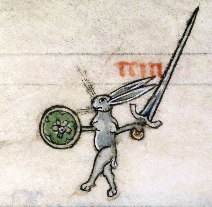 Kriegerischer Hase. Vincent of Beauvais, Speculum historiale, France ca. 1294-1297 (Boulogne-sur-Mer, Bibliothèque municipale, ms. 130II, fol. 319v)