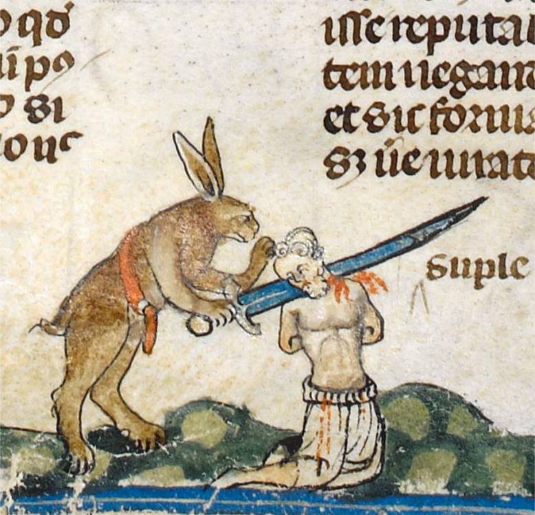 Ein Wahnsinn, diese Hasen! ‘The Smithfield Decretals’ (Decretals of Gregory IX with glossa ordinaria), Tolouse ca. 1300, illuminations added in London ca. 1340 (British Library, Royal 10 E IV, fol. 61v)