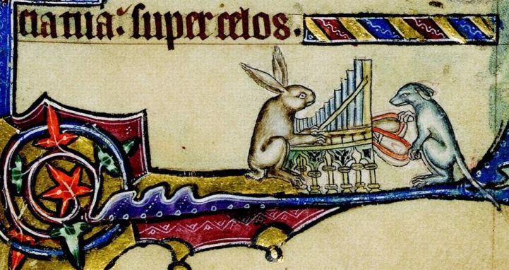 Hund und Hase an der Orgel. Macclesfield Psalter, England ca. 1330 (Cambridge, Fitzwilliam Museum, fol. 8r)