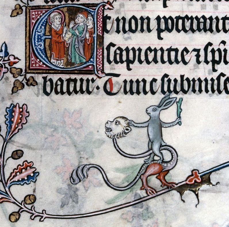 Hase erlegt ein Monster. Summer volume of the Breviary of Renaud/Marguerite de Bar, Metz ca. 1302-1305 (Verdun, Bibliothèque municipale, ms. 107, fol. 108r)