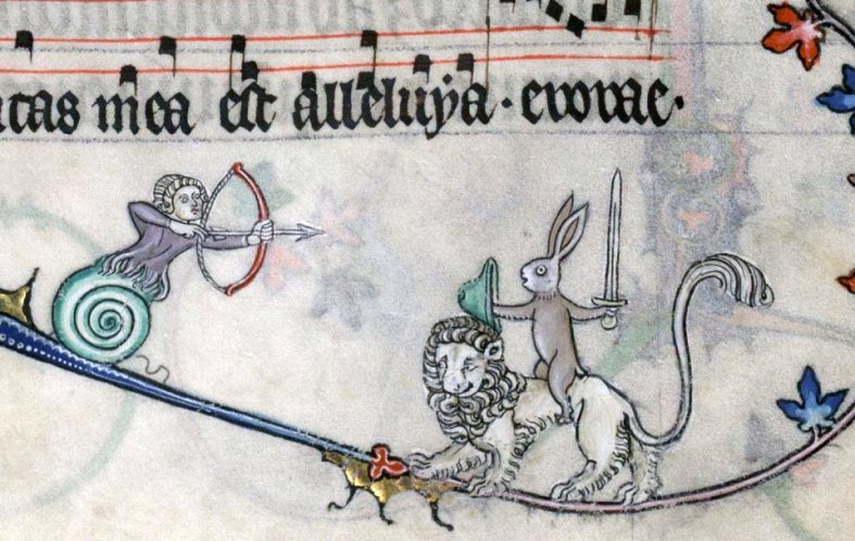 Hase kämpft auf Löwe. Summer volume of the Breviary of Renaud/Marguerite de Bar, Metz ca. 1302-1305 (Verdun, Bibliothèque municipale, ms. 107, fol. 89r)