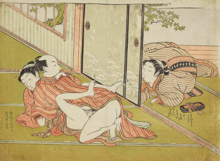 Suzuki Harunobu (ca. 1725–1770, zugeschrieben), Belauschtes Liebespaar, um 1770. Farbholzschnitt © Leopold Privatsammlung, Wien; Foto: MAK/Georg M